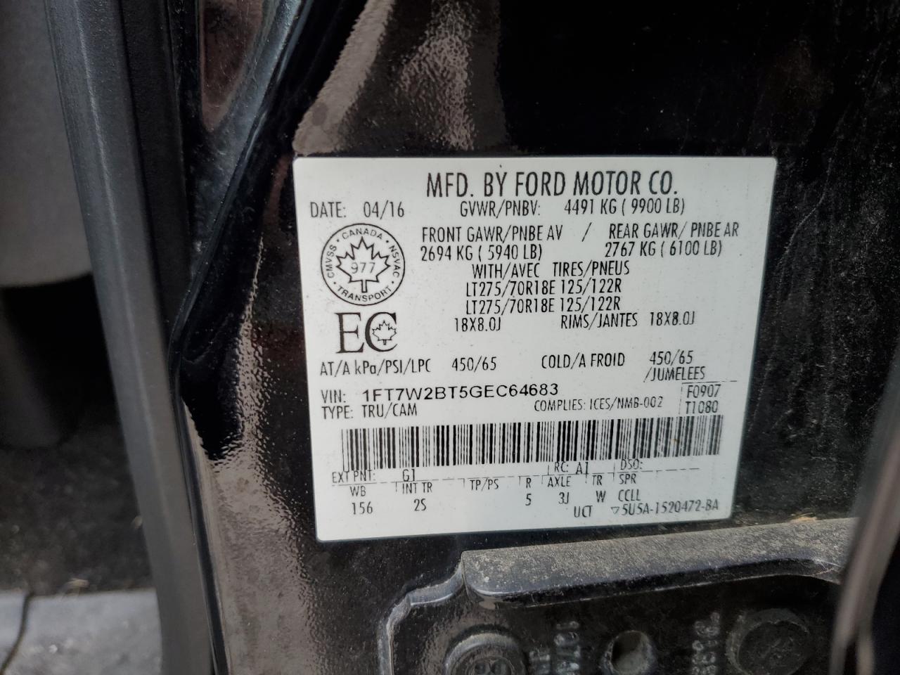 2016 Ford F250 Super Duty VIN: 1FT7W2BT5GEC64683 Lot: 93404015