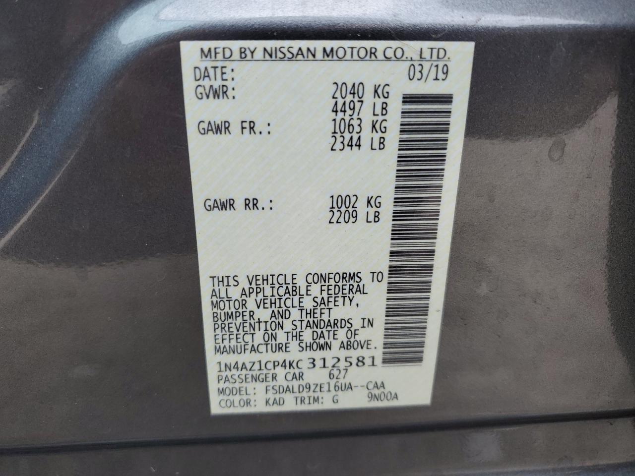 2019 Nissan Leaf S VIN: 1N4AZ1CP4KC312581 Lot: 92827145