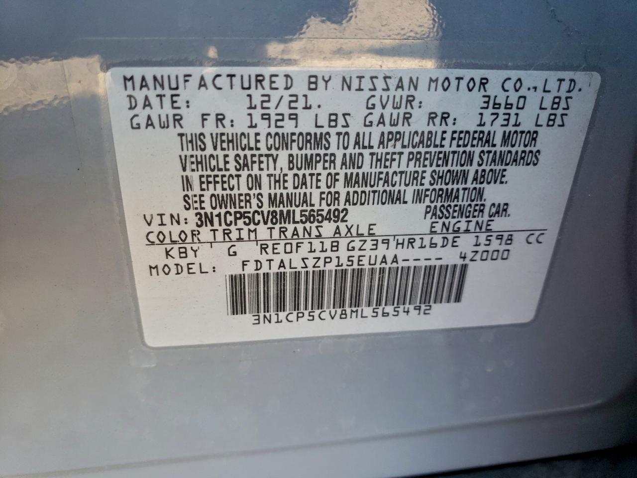 2021 Nissan Kicks Sv VIN: 3N1CP5CV8ML565492 Lot: 94752295