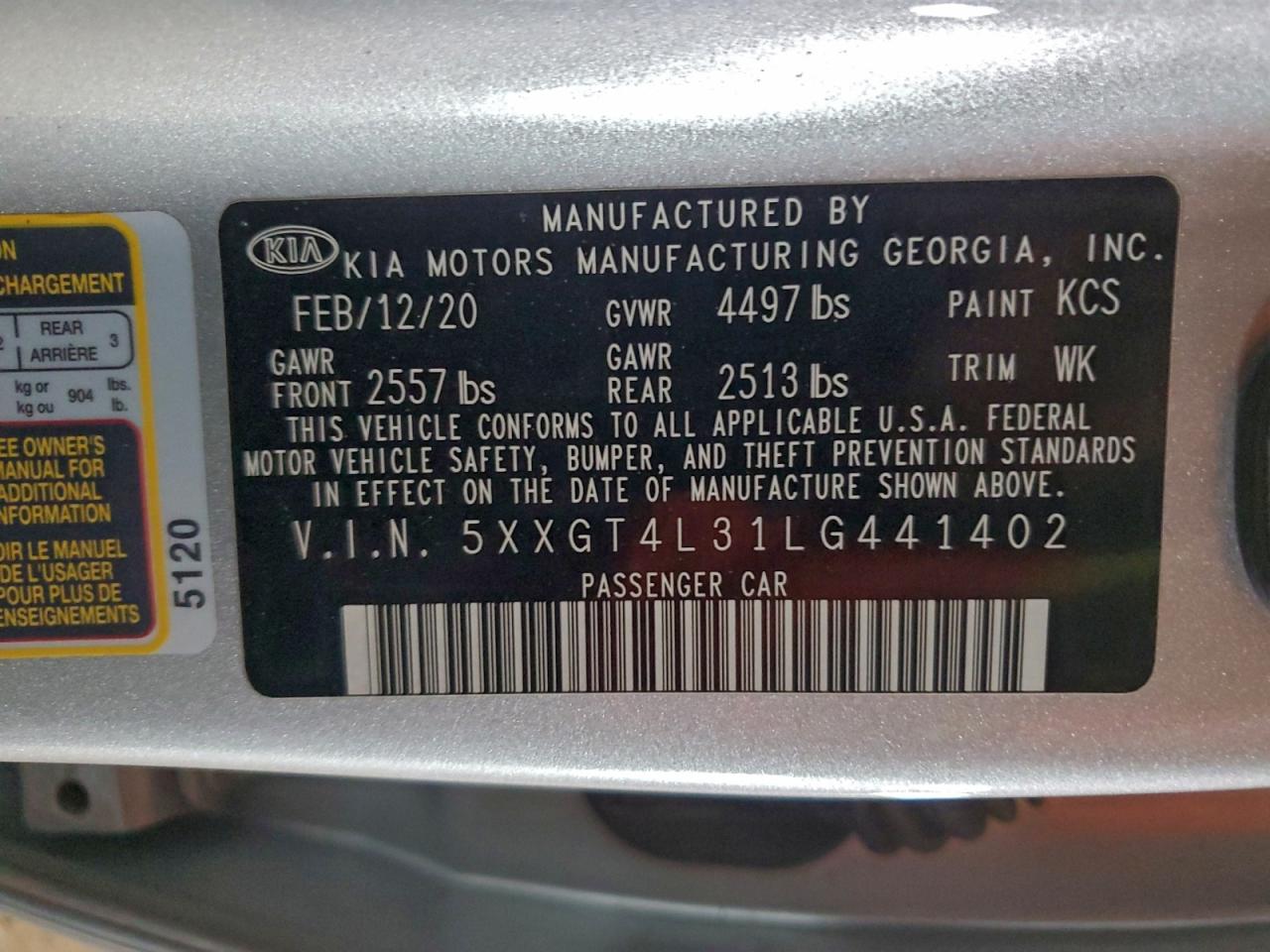 2020 Kia Optima Lx VIN: 5XXGT4L31LG441402 Lot: 94747435