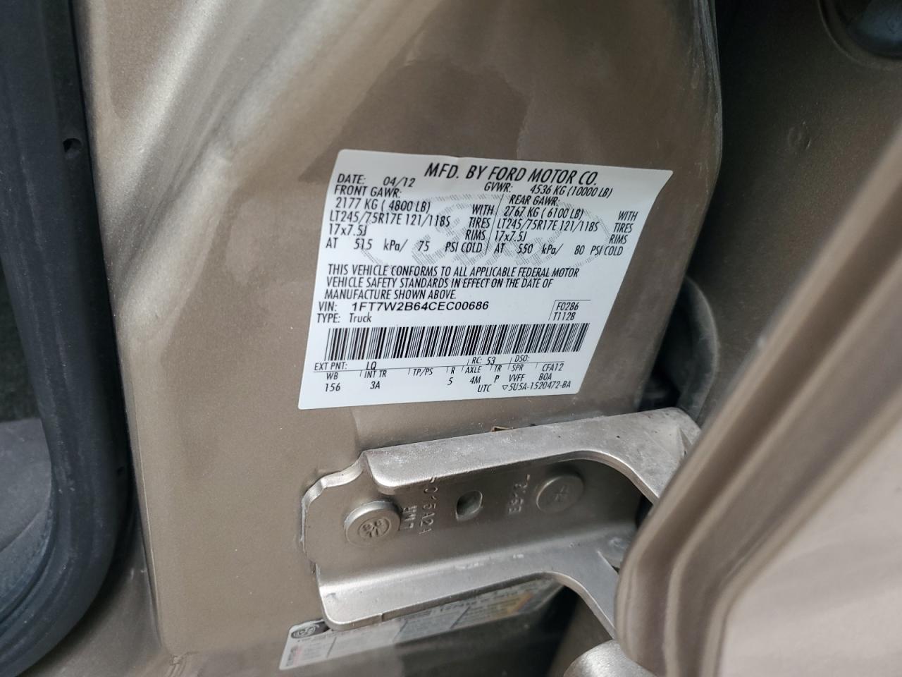 2012 Ford F250 Super Duty VIN: 1FT7W2B64CEC00686 Lot: 93301145