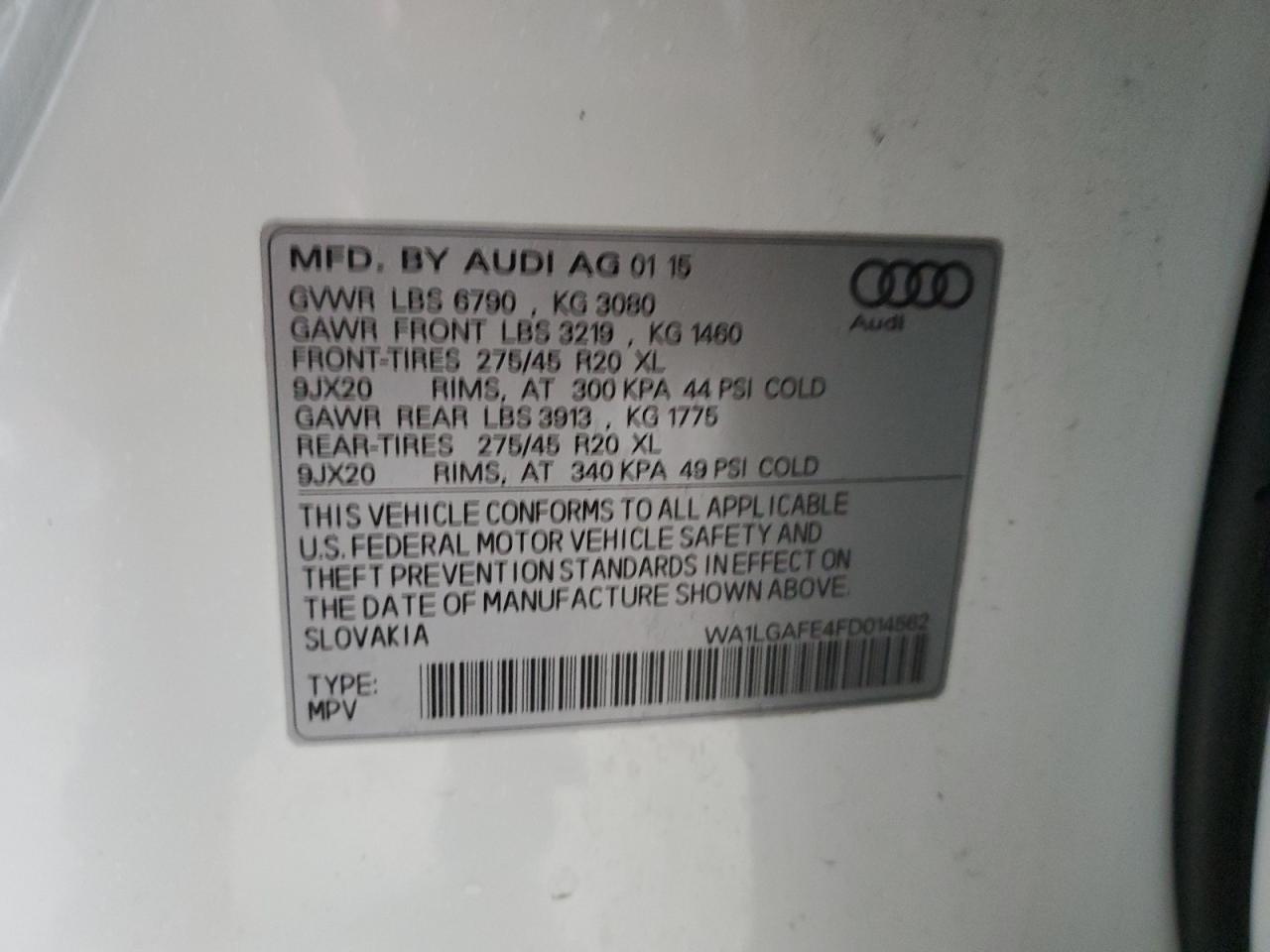 2015 Audi Q7 Premium Plus VIN: WA1LGAFE4FD014562 Lot: 91555655