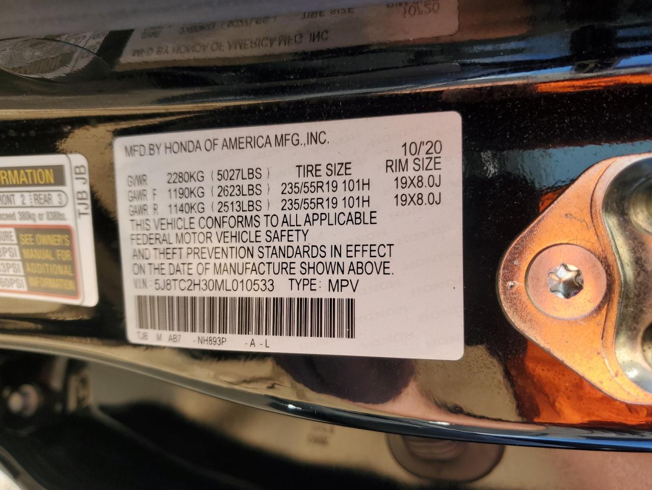 2021 Acura Rdx VIN: 5J8TC2H30ML010533 Lot: 93368445