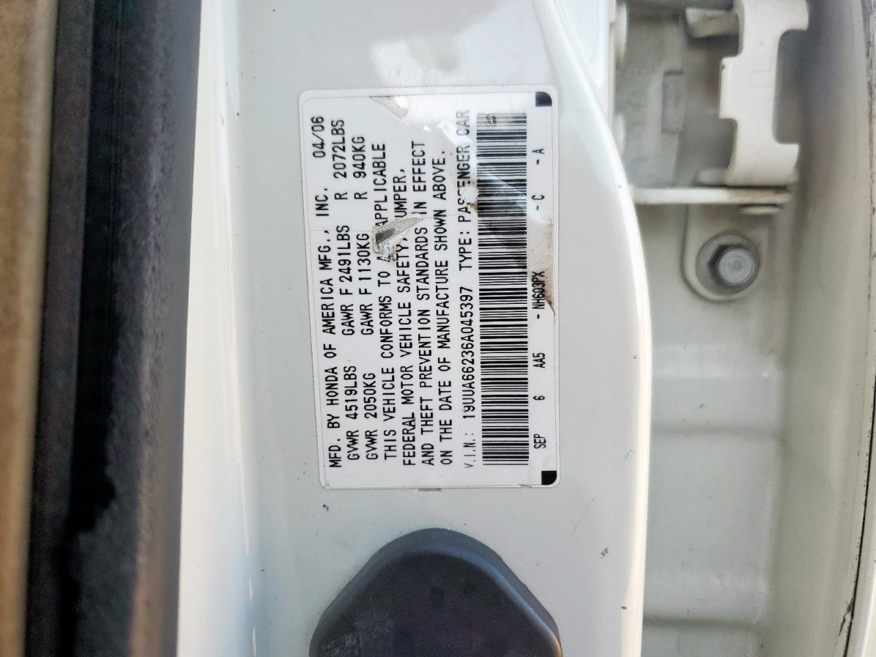 2006 Acura 3.2Tl VIN: 19UUA66236A045397 Lot: 91856755