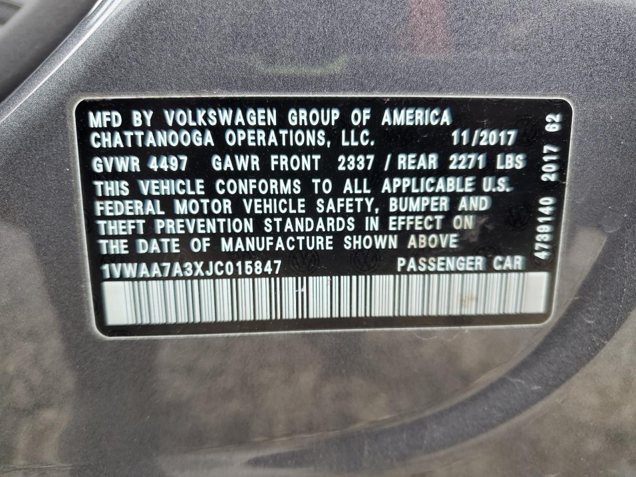 2018 Volkswagen Passat S VIN: 1VWAA7A3XJC015847 Lot: 92220855