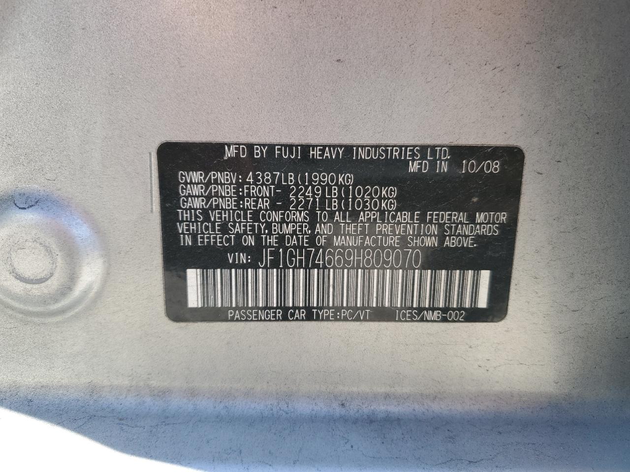 2009 Subaru Impreza 2.5 Gt VIN: JF1GH74669H809070 Lot: 92096455