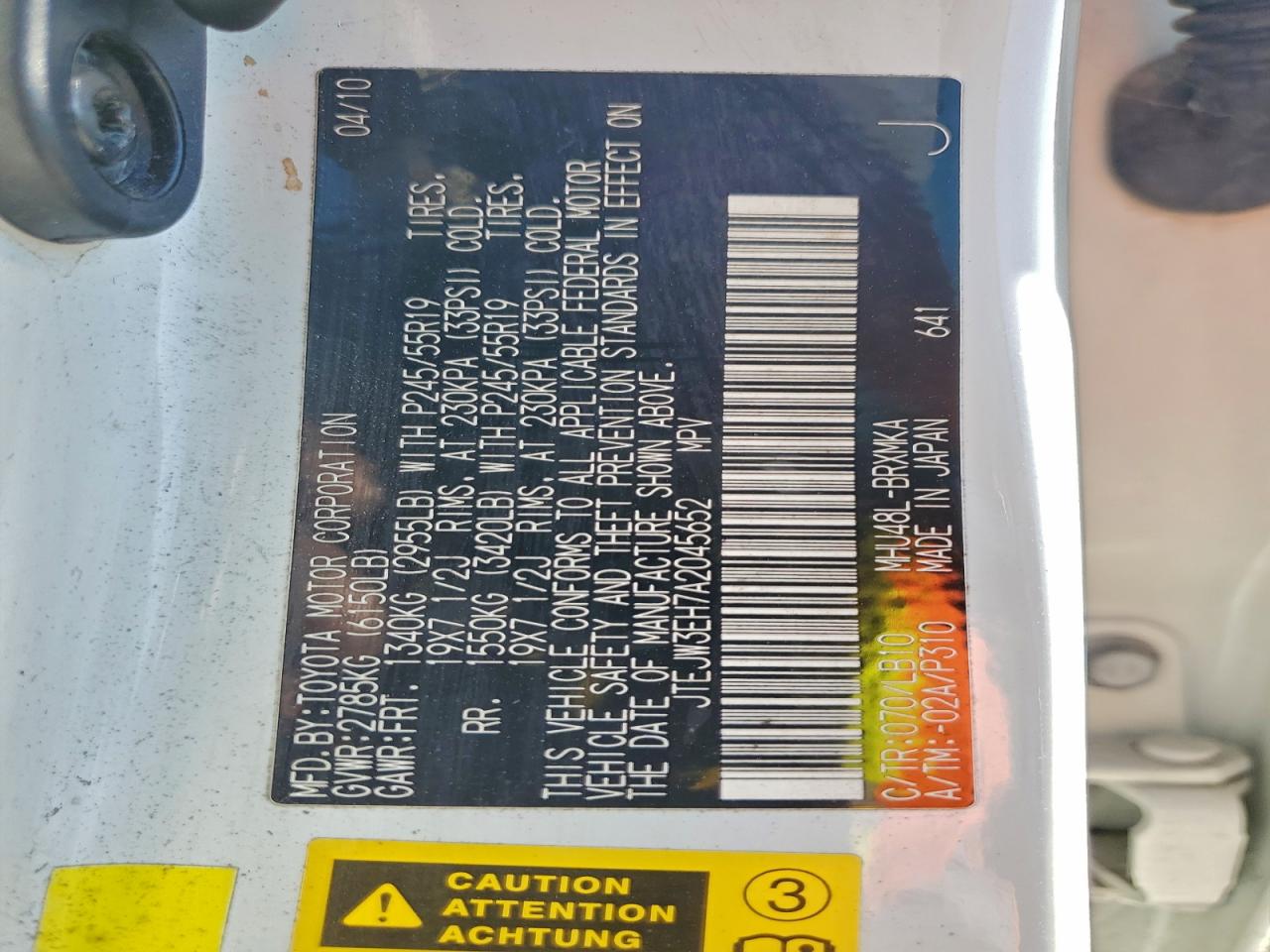 2010 Toyota Highlander Hybrid Limited VIN: JTEJW3EH7A2045652 Lot: 93060965