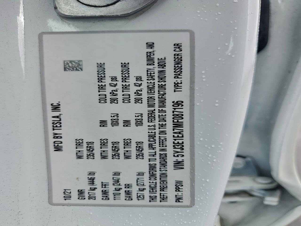 2021 Tesla Model 3 VIN: 5YJ3E1EA7MF087196 Lot: 93863425