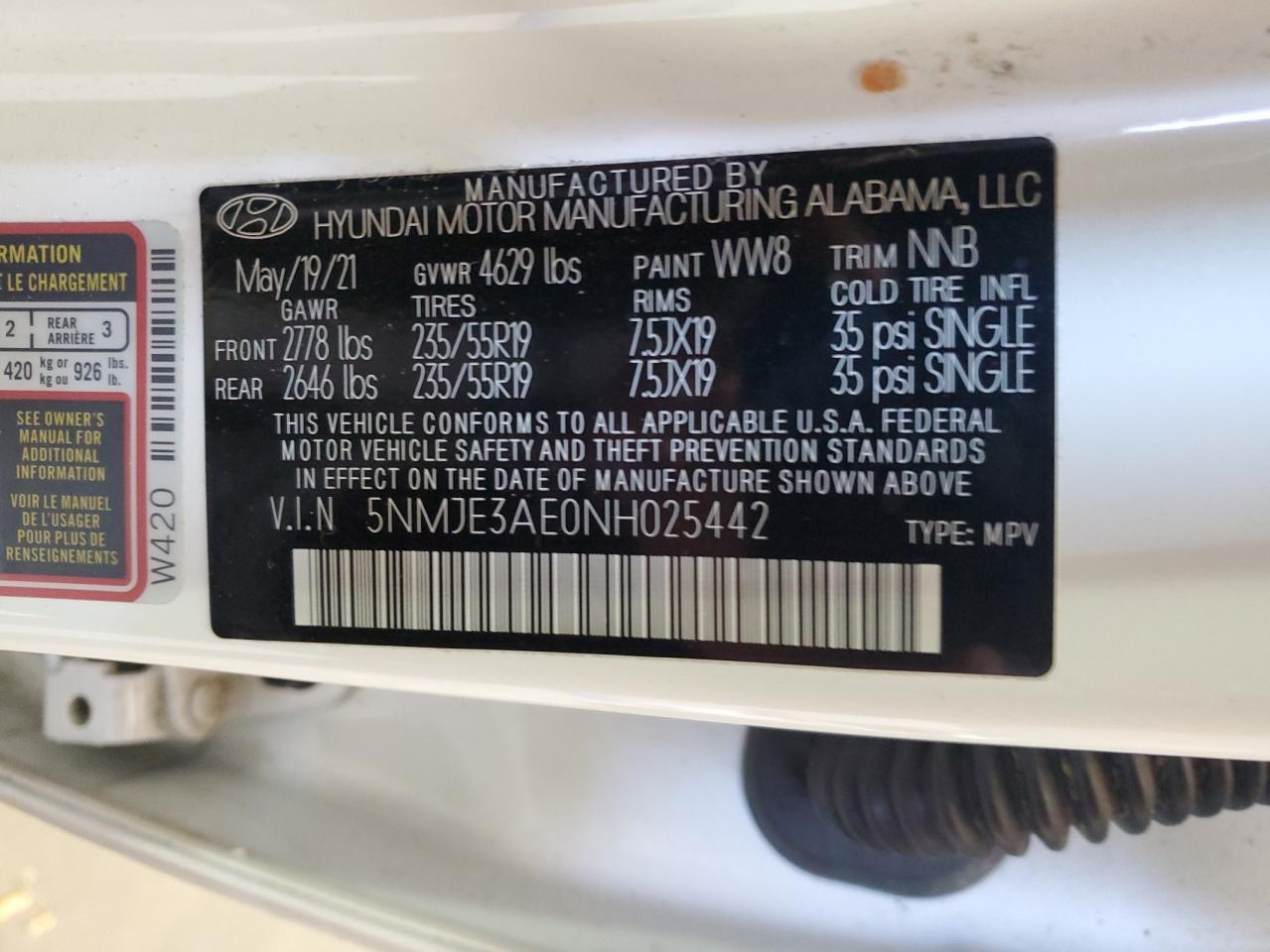 2022 Hyundai Tucson Limited VIN: 5NMJE3AE0NH025442 Lot: 92114915