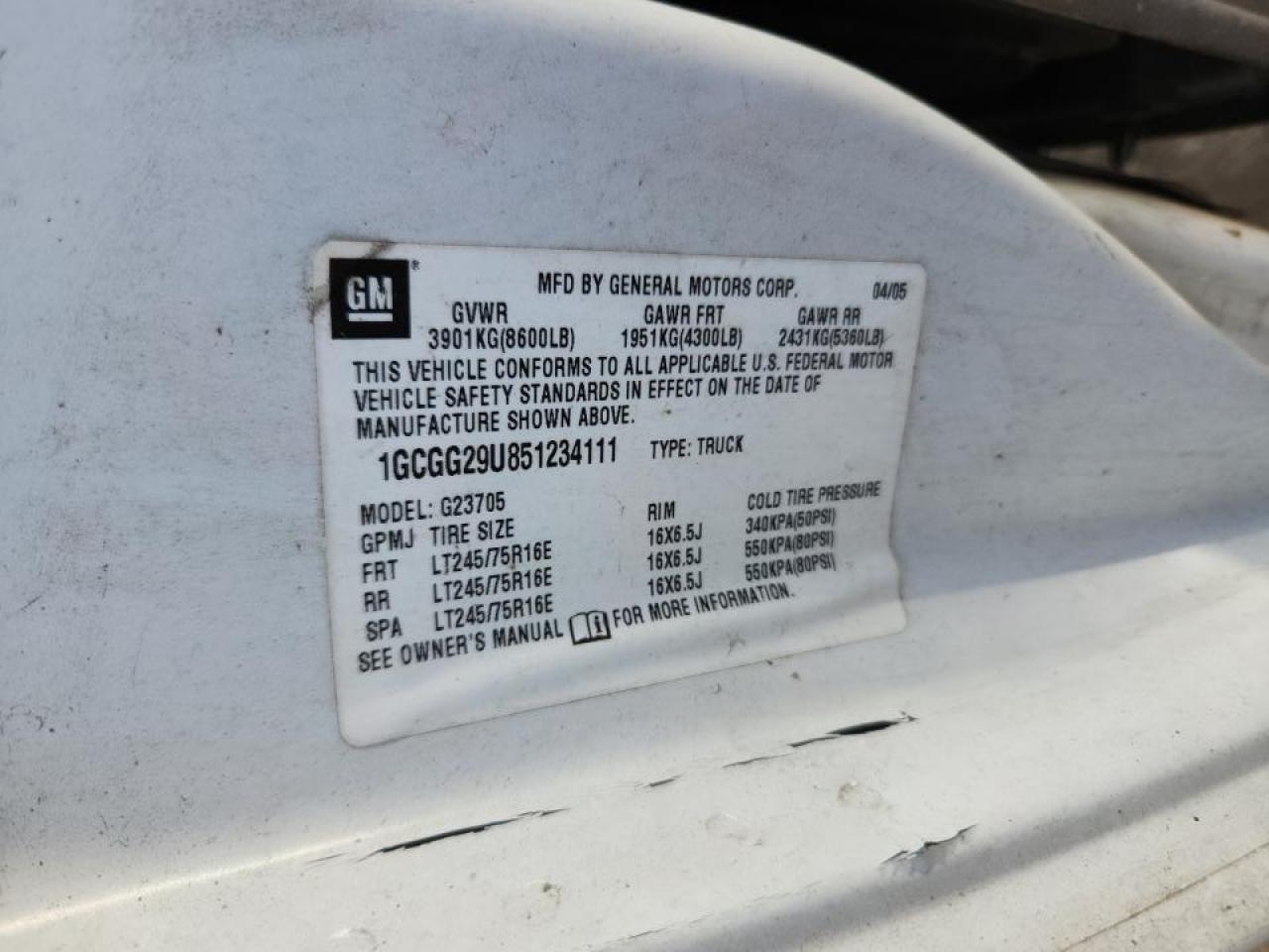 2005 Chevrolet Express Delivery Van VIN: 1GCGG29U851234111 Lot: 82782265