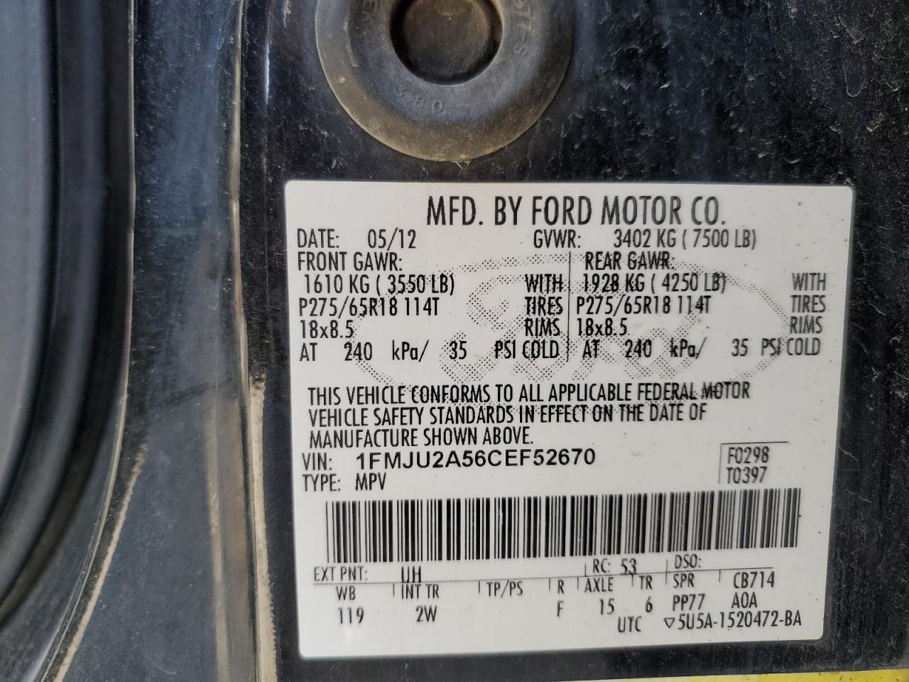 2012 Ford Expedition Limited VIN: 1FMJU2A56CEF52670 Lot: 87411005