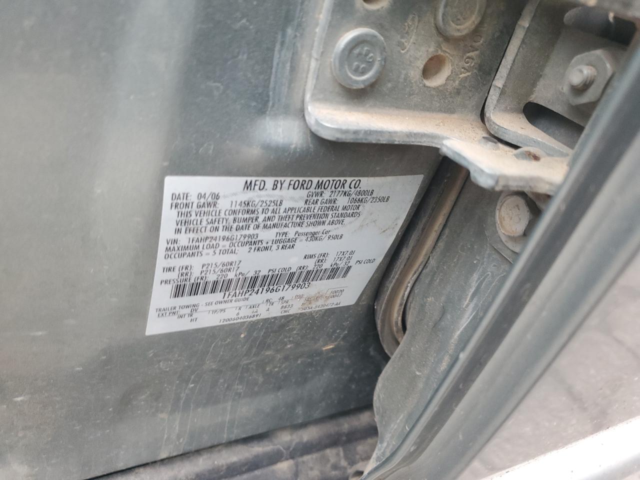 2006 Ford Five Hundred Sel VIN: 1FAHP24196G179903 Lot: 92506795