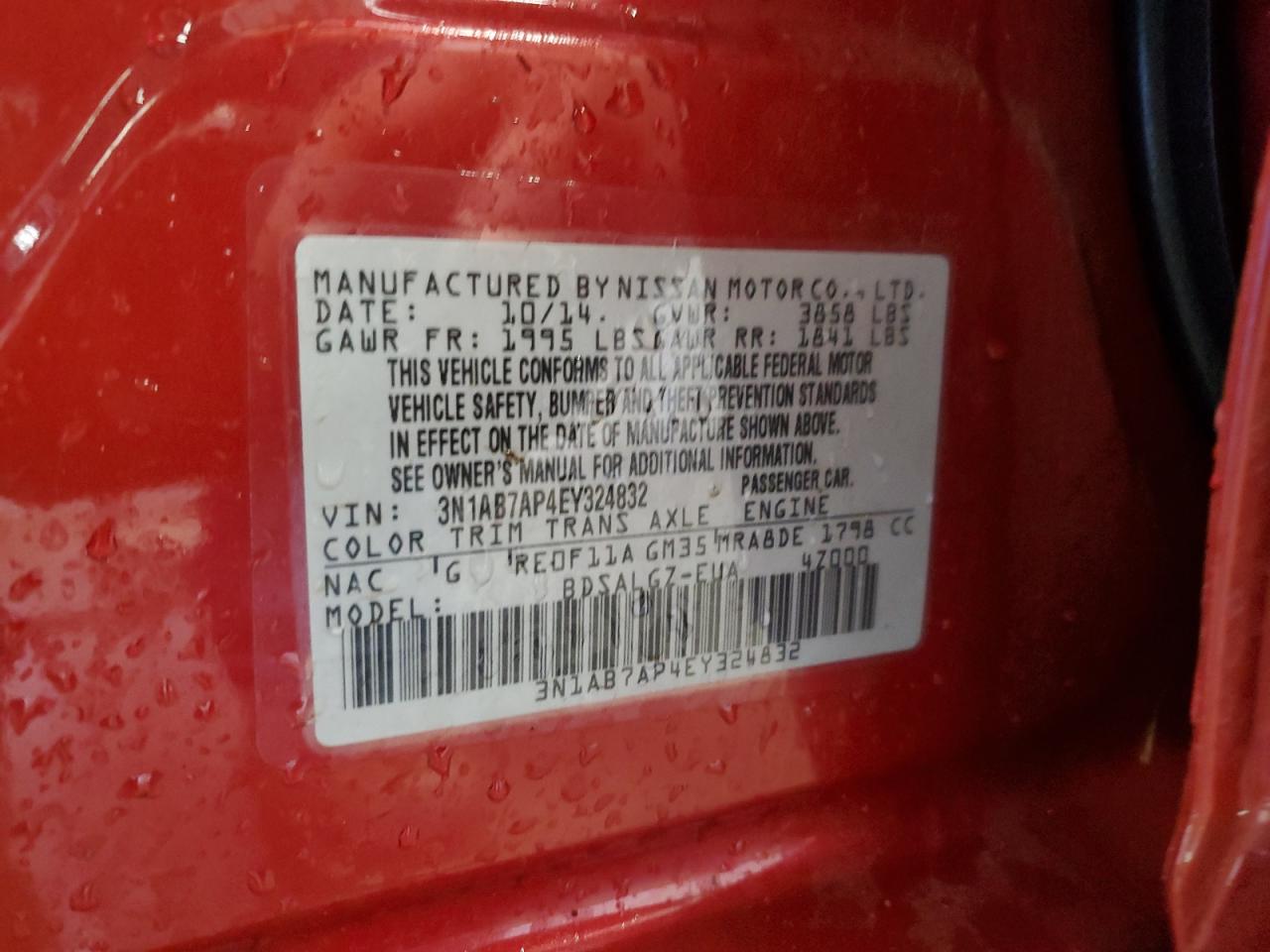 2014 Nissan Sentra S VIN: 3N1AB7AP4EY324832 Lot: 91919075