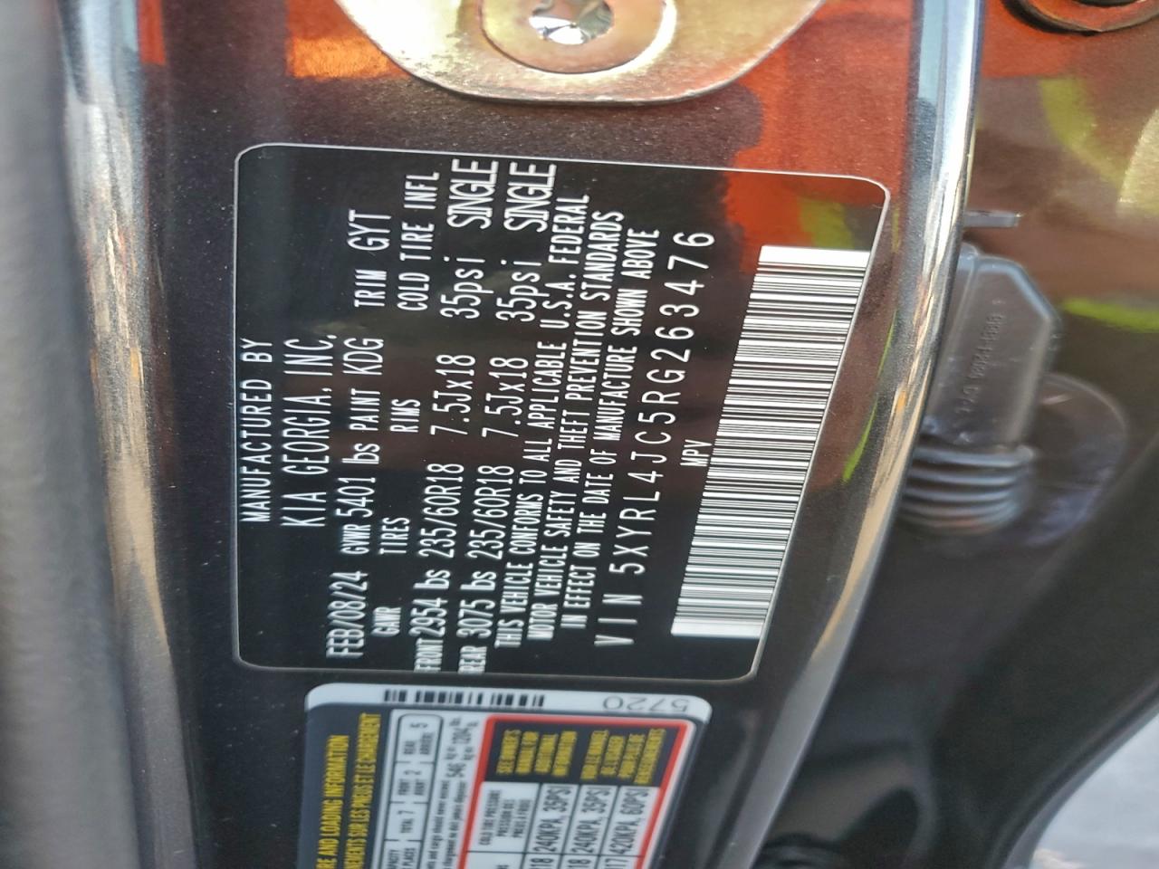 2024 Kia Sorento S VIN: 5XYRL4JC5RG263476 Lot: 94702795