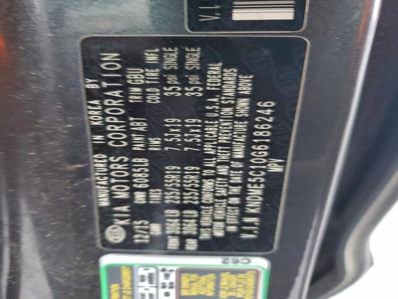 2016 Kia Sedona Sxl VIN: KNDME5C10G6186246 Lot: 93906495