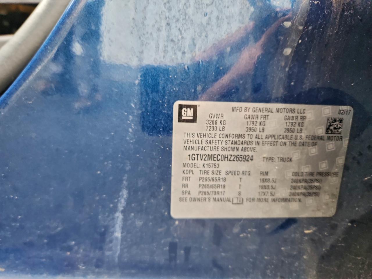 2017 GMC Sierra K1500 Sle VIN: 1GTV2MEC0HZ265924 Lot: 94478615