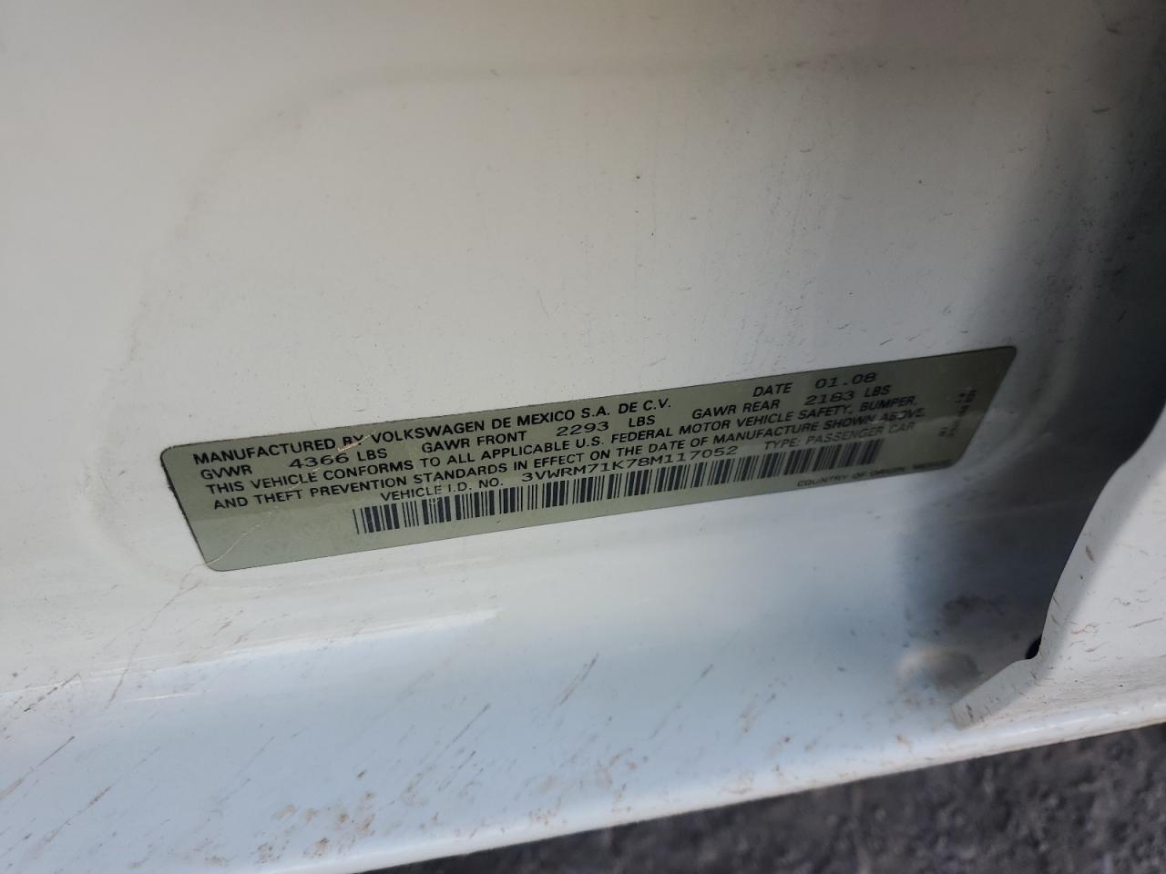 2008 Volkswagen Jetta Se VIN: 3VWRM71K78M117052 Lot: 92728515