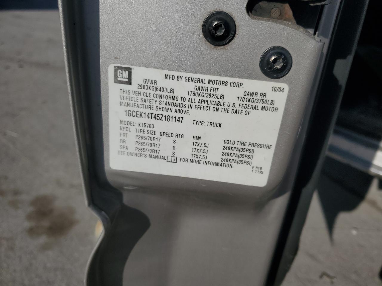 2005 Chevrolet Silverado K1500 VIN: 1GCEK14T45Z181147 Lot: 91617755