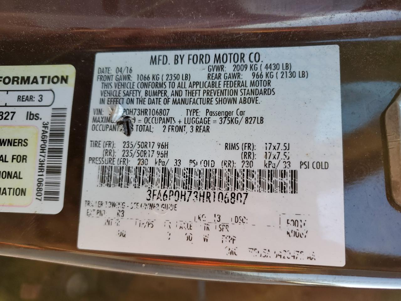 2017 Ford Fusion Se VIN: 3FA6P0H73HR106807 Lot: 90789445