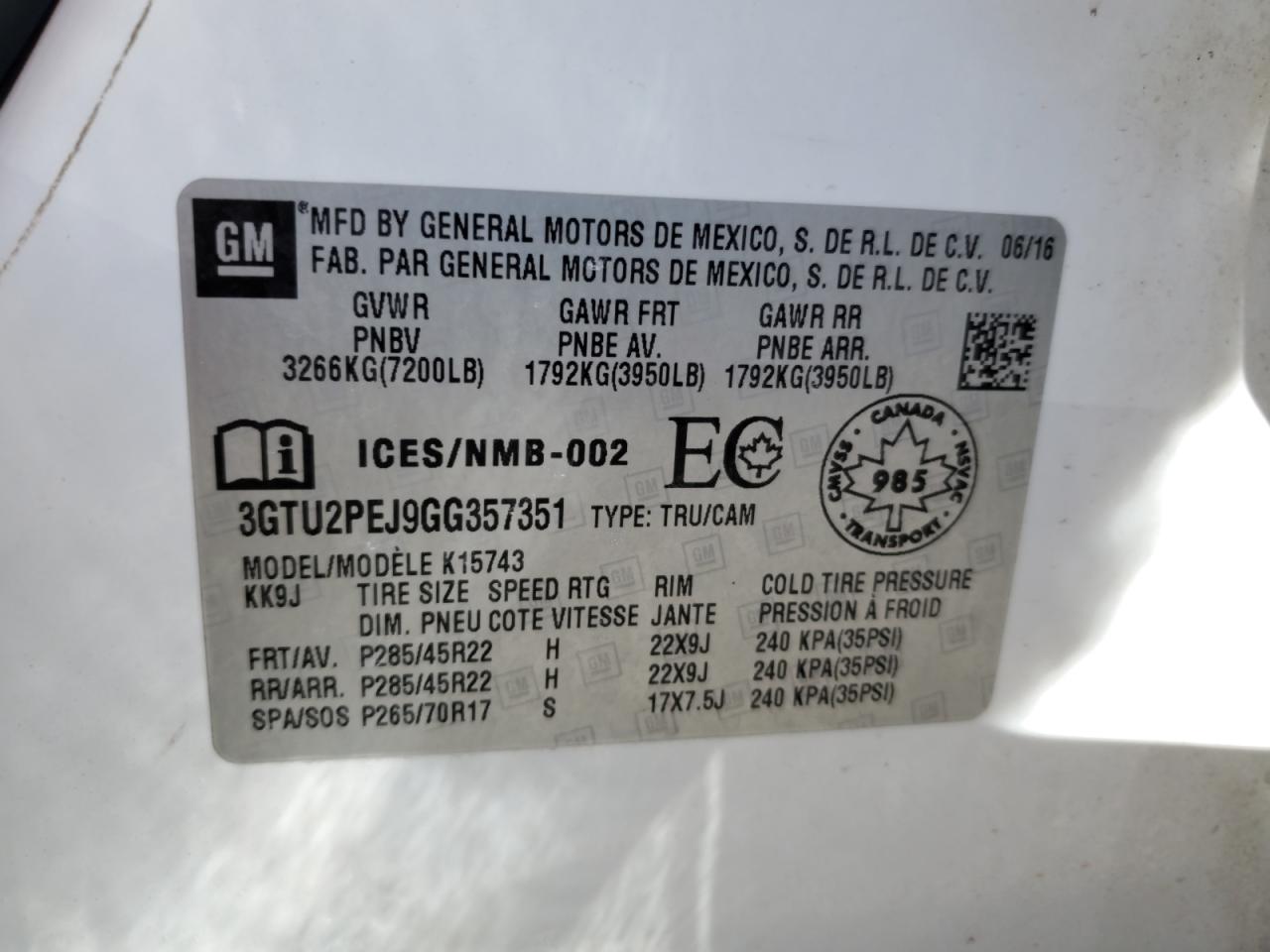 2016 GMC Sierra K1500 Denali VIN: 3GTU2PEJ9GG357351 Lot: 93030565