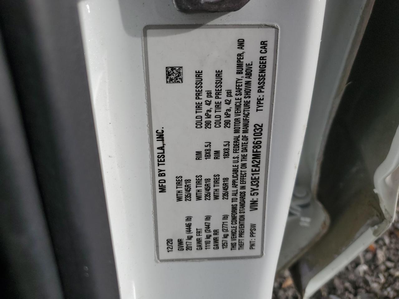 2021 Tesla Model 3 VIN: 5YJ3E1EA2MF861032 Lot: 91461285