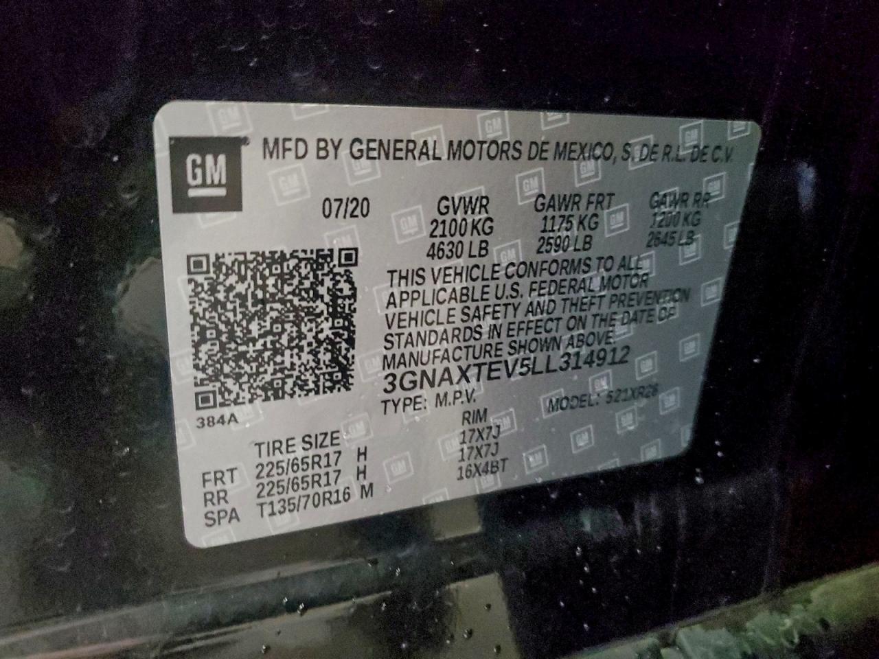 2020 Chevrolet Equinox Lt VIN: 3GNAXTEV5LL314912 Lot: 94129585