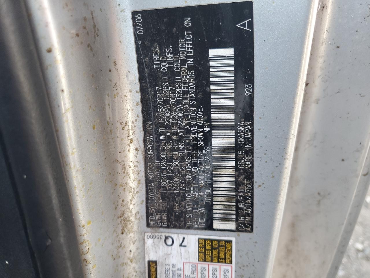 2007 Toyota Fj Cruiser VIN: JTEBU11F770032259 Lot: 91979535