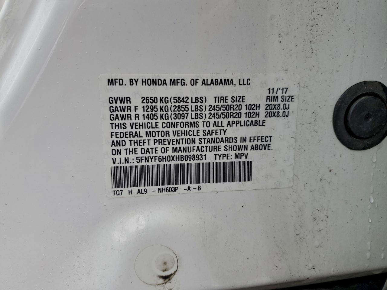 2017 Honda Pilot Elite VIN: 5FNYF6H0XHB098931 Lot: 93918355