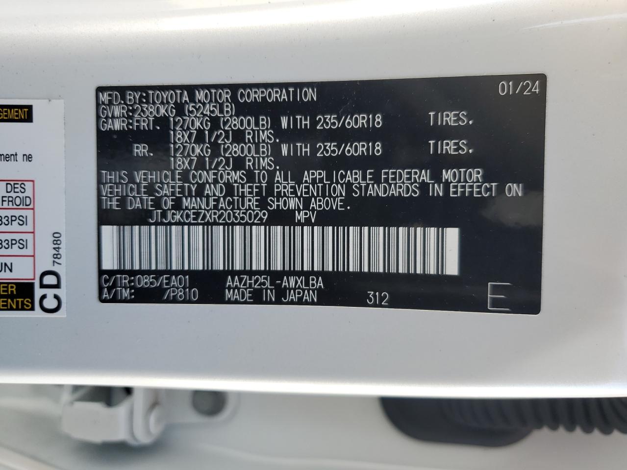 2024 Lexus Nx 350H Base VIN: JTJGKCEZXR2035029 Lot: 92749005