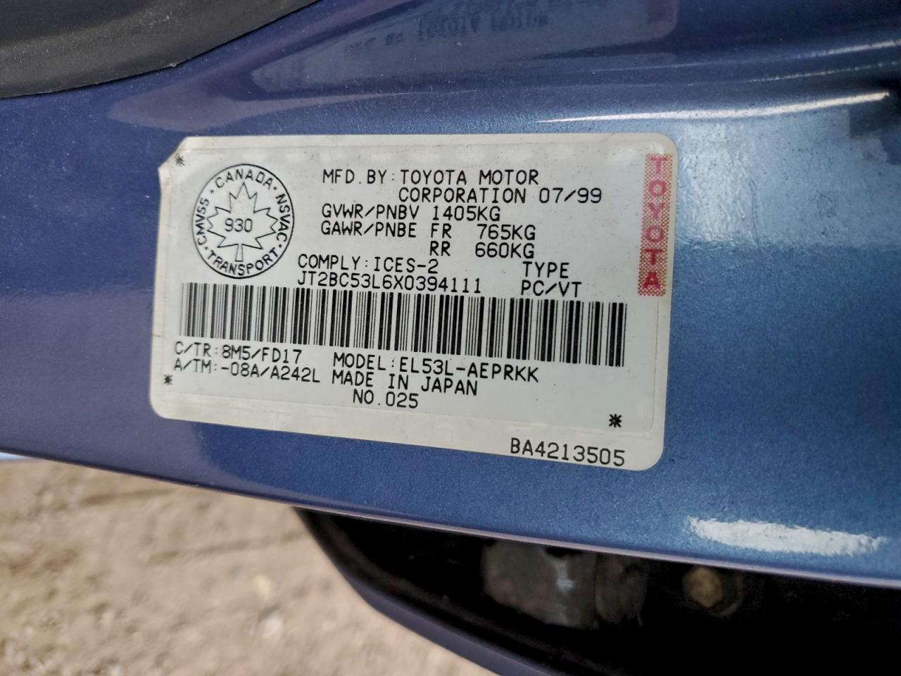 1999 Toyota Tercel Ce VIN: JT2BC53L6X0394111 Lot: 94158525