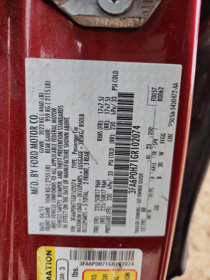 2016 Ford Fusion Se VIN: 3FA6P0H71GR102074 Lot: 93108235