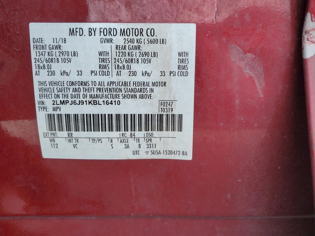 2019 Lincoln Nautilus VIN: 2LMPJ6J91KBL16410 Lot: 92575185