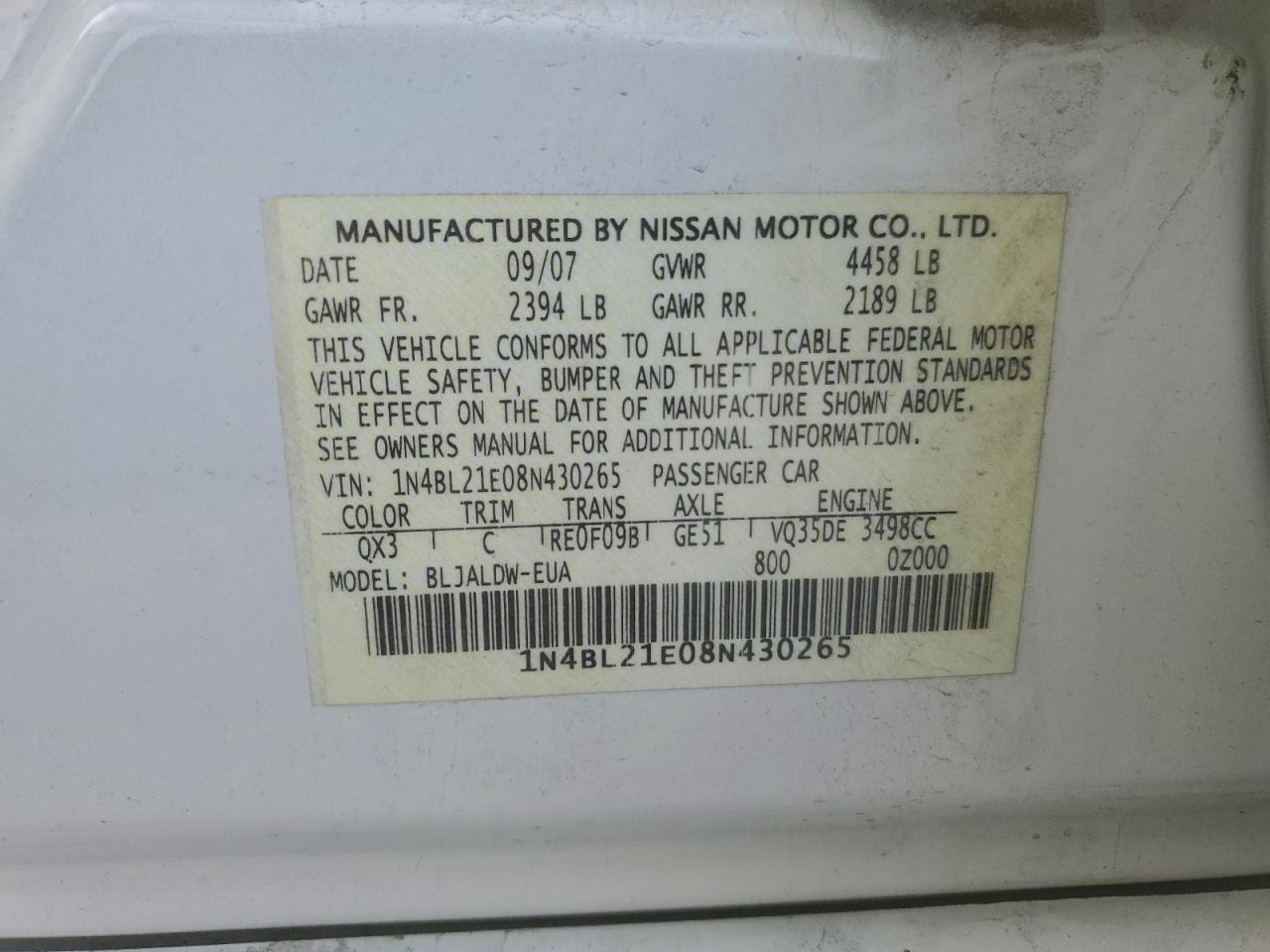 2008 Nissan Altima 3.5Se VIN: 1N4BL21E08N430265 Lot: 94363485