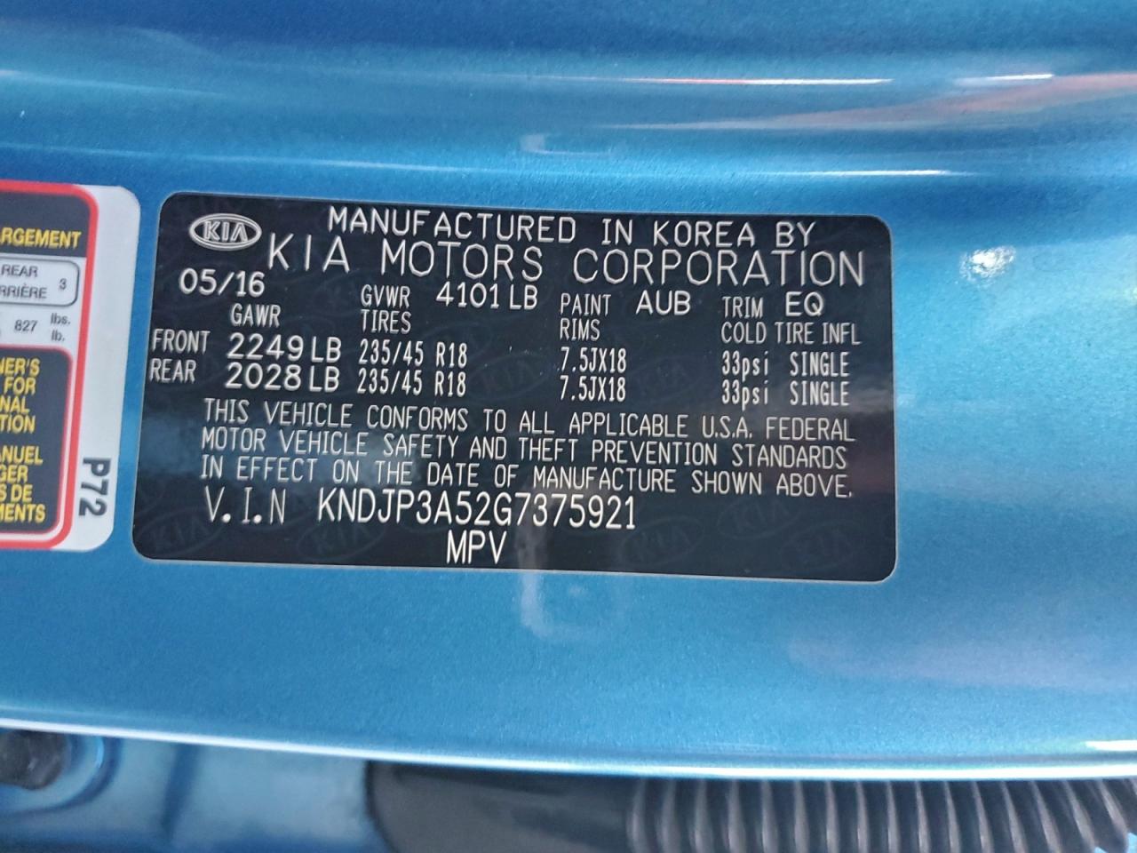 2016 Kia Soul + VIN: KNDJP3A52G7375921 Lot: 94102345