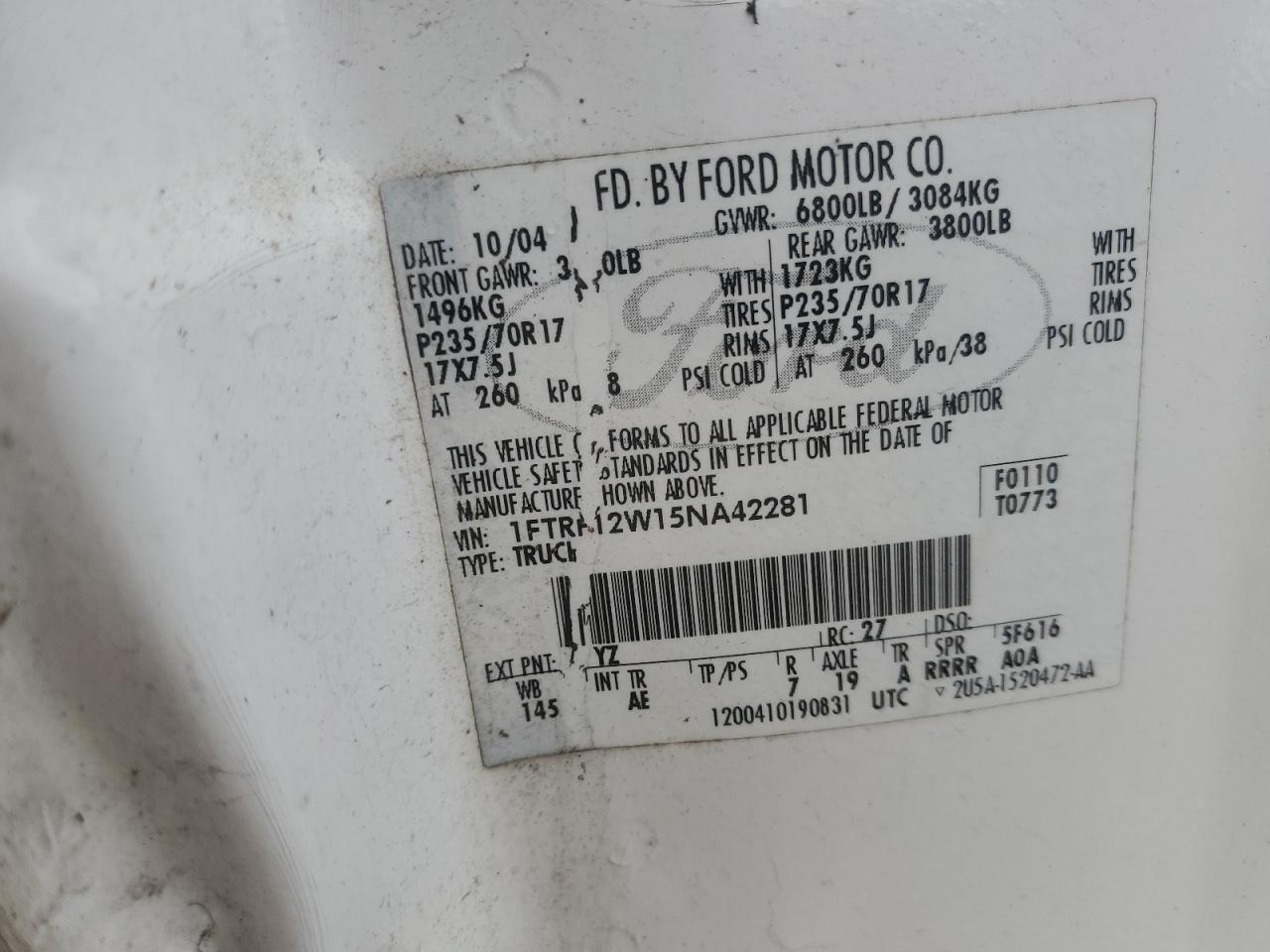 2005 Ford F150 VIN: 1FTRF12W15NA42281 Lot: 90995075
