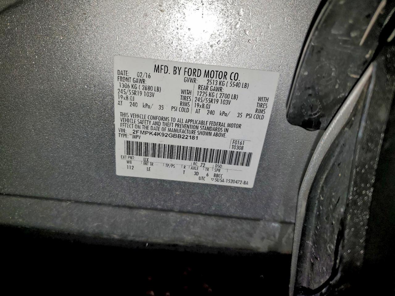 2016 Ford Edge Titanium VIN: 2FMPK4K92GBB22181 Lot: 94057485