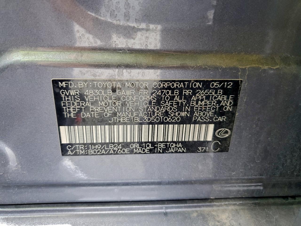 2013 Lexus Gs 350 VIN: JTHBE1BL3D5010620 Lot: 93698435