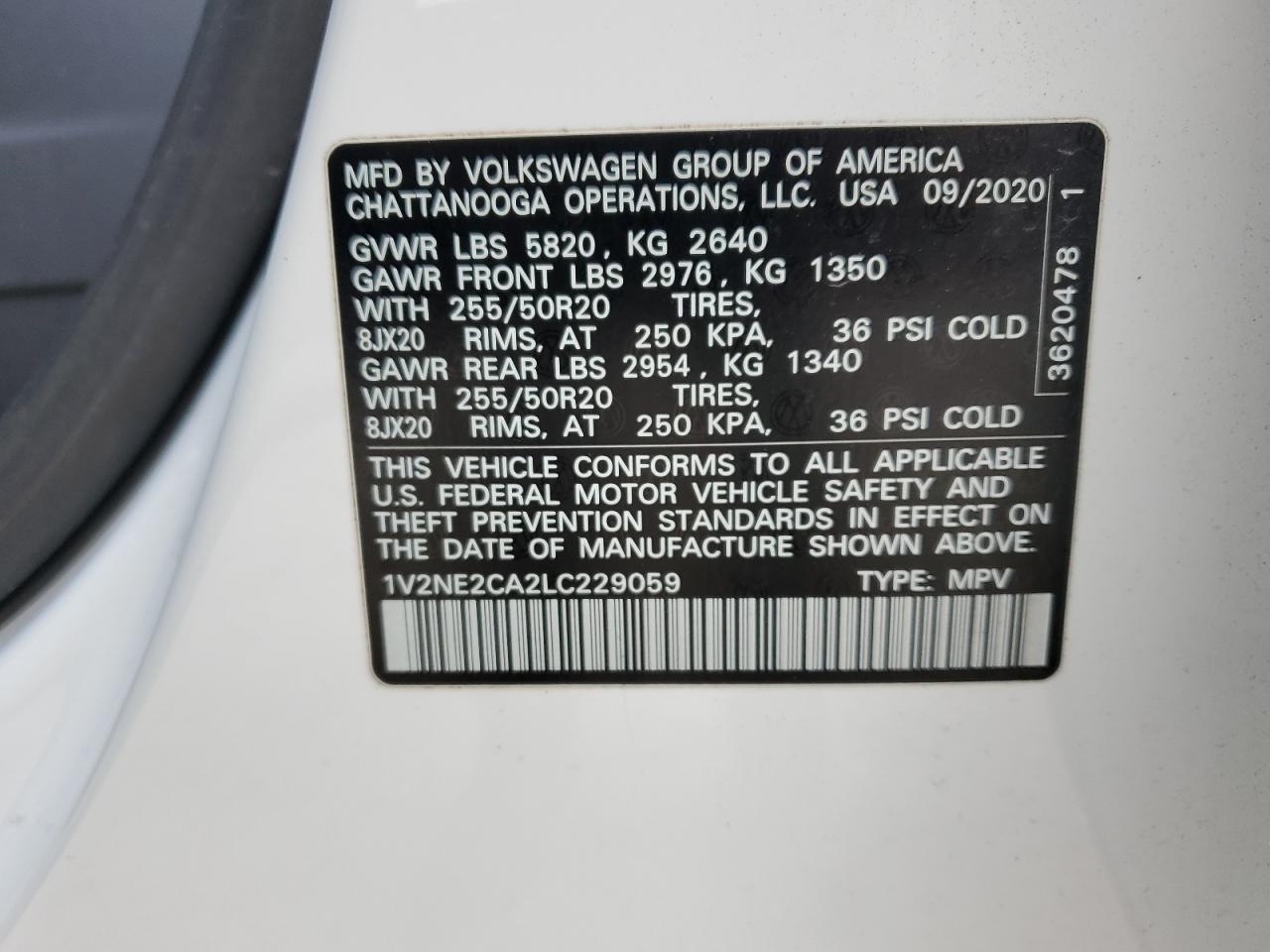 2020 Volkswagen Atlas Cross Sport Sel Premium VIN: 1V2NE2CA2LC229059 Lot: 92472635