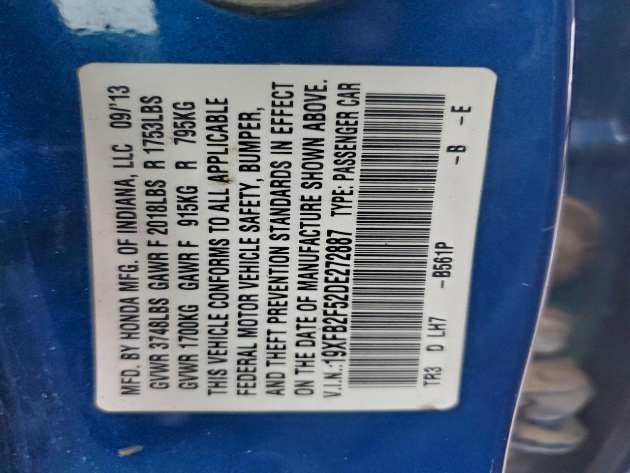 2013 Honda Civic Lx VIN: 19XFB2F52DE272887 Lot: 93704655