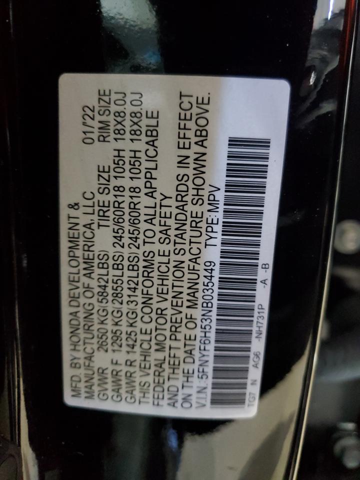 2022 Honda Pilot Exl VIN: 5FNYF6H53NB035449 Lot: 92587455