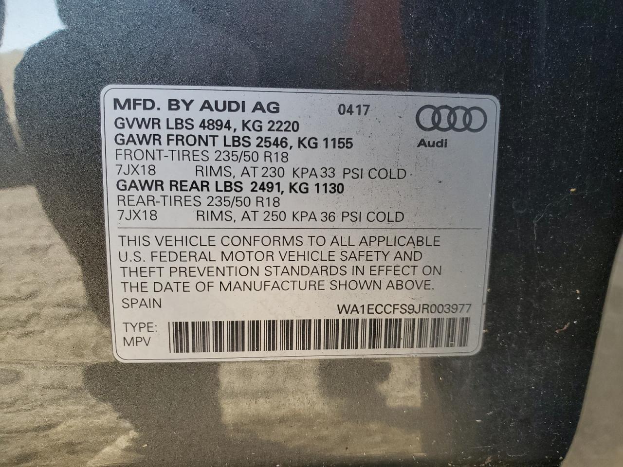 2018 Audi Q3 Premium VIN: WA1ECCFS9JR003977 Lot: 91330375