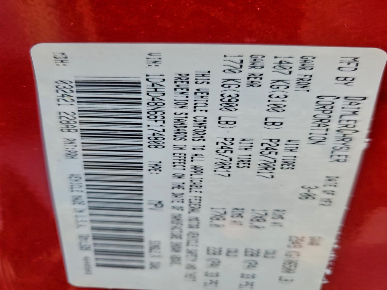 2006 Dodge Durango Slt VIN: 1D4HD48N66F174808 Lot: 94354565