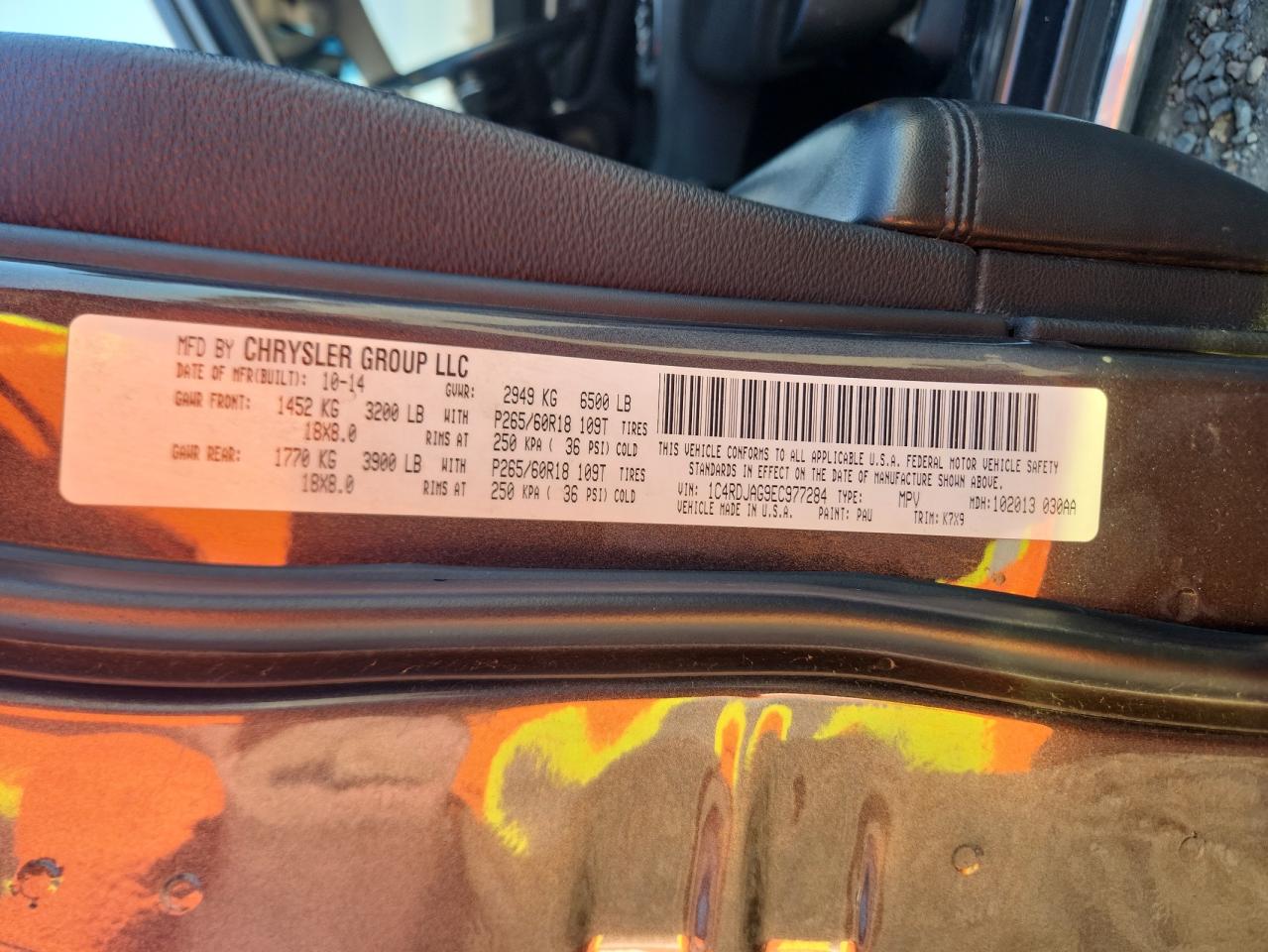 2014 Dodge Durango Sxt VIN: 1C4RDJAG9EC977284 Lot: 92201765