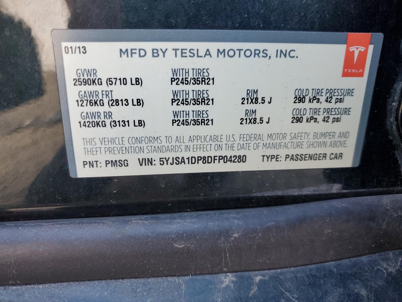 2013 Tesla Model S VIN: 5YJSA1DP8DFP04280 Lot: 93947545