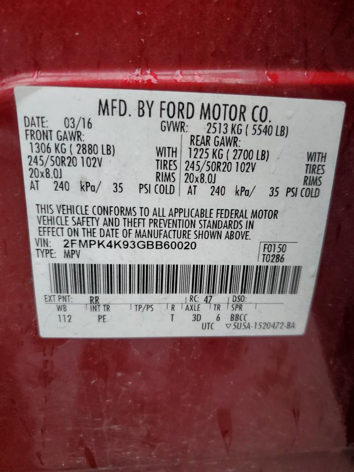 2016 Ford Edge Titanium VIN: 2FMPK4K93GBB60020 Lot: 93516165