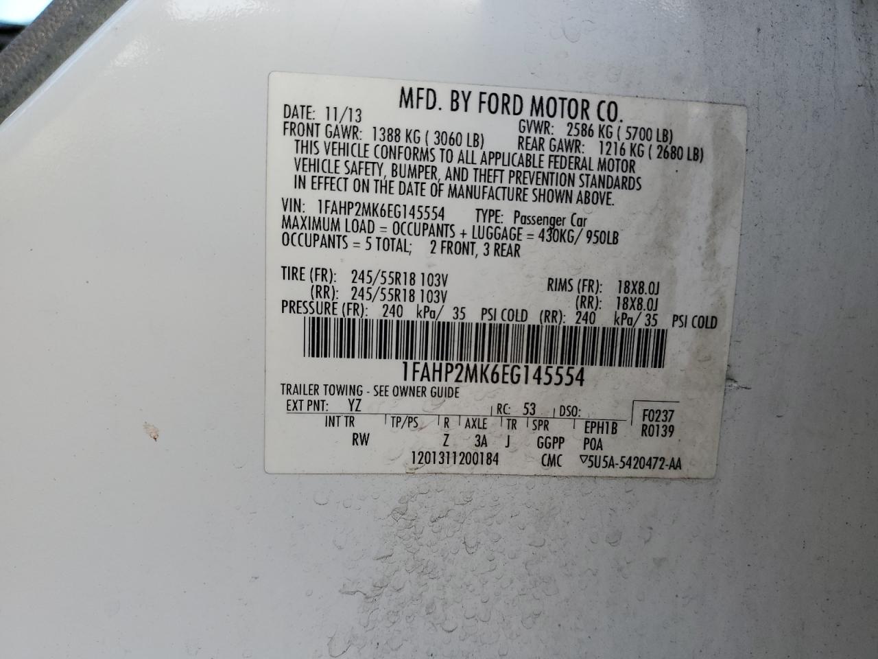 2014 Ford Taurus Police Interceptor VIN: 1FAHP2MK6EG145554 Lot: 91076005