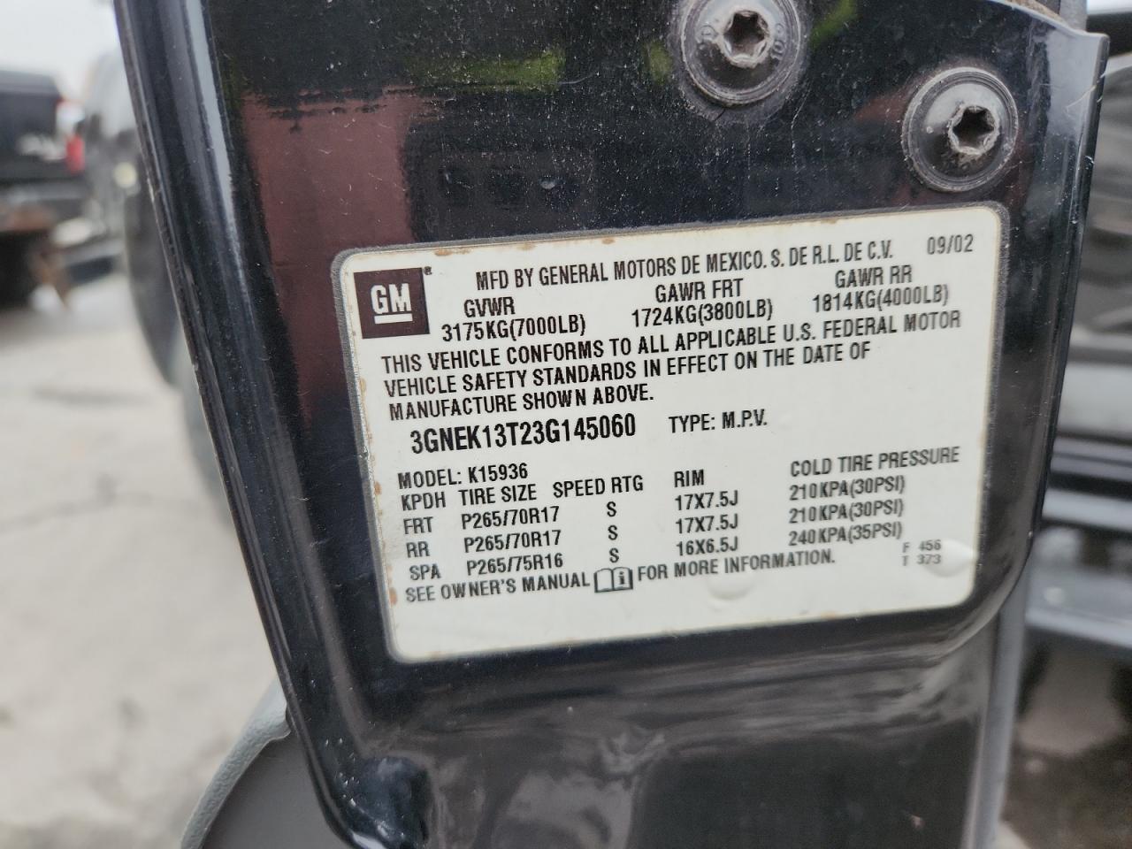 2003 Chevrolet Avalanche K1500 VIN: 3GNEK13T23G145060 Lot: 91086395