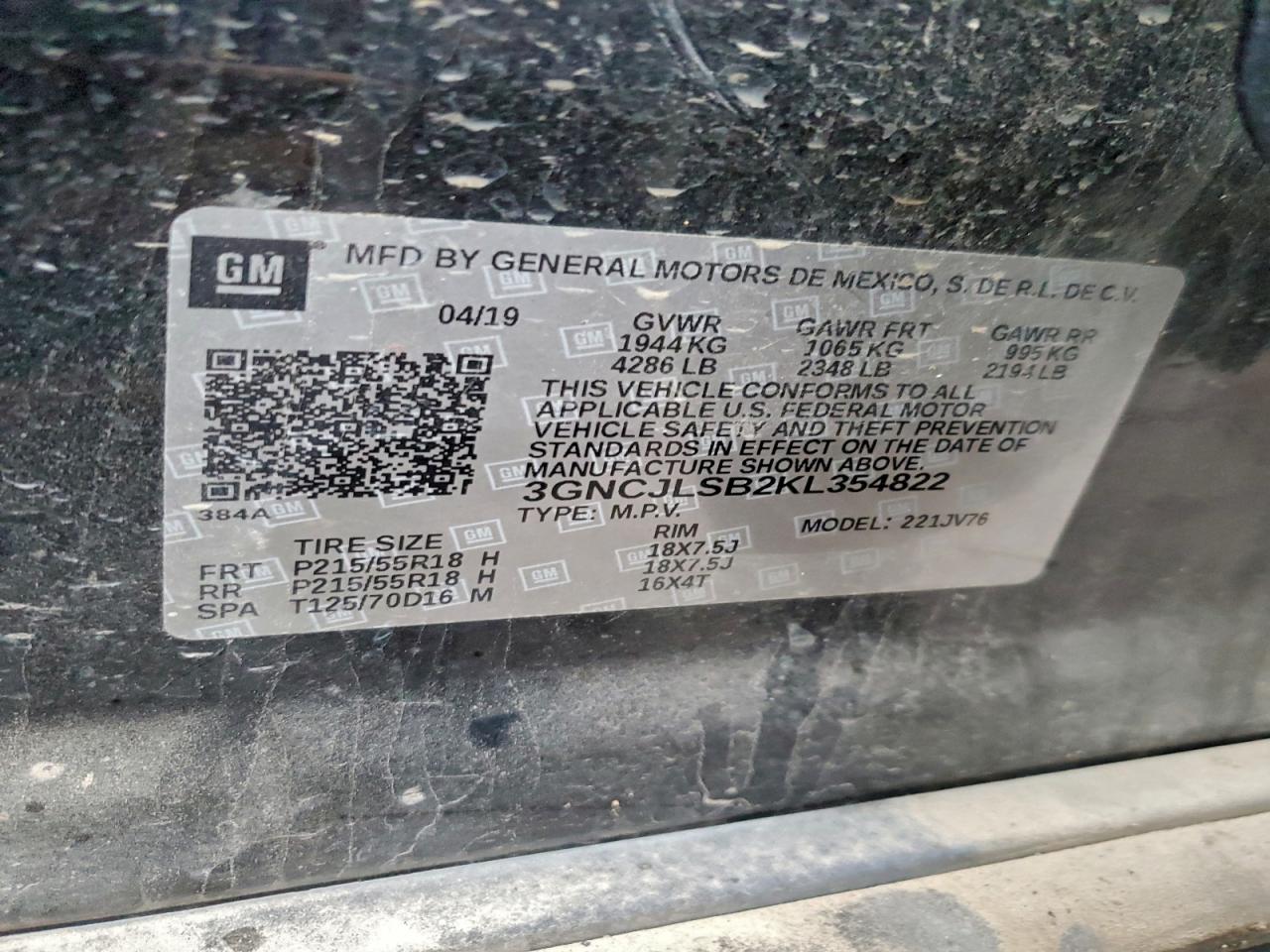 2019 Chevrolet Trax 1Lt VIN: 3GNCJLSB2KL354822 Lot: 94025655