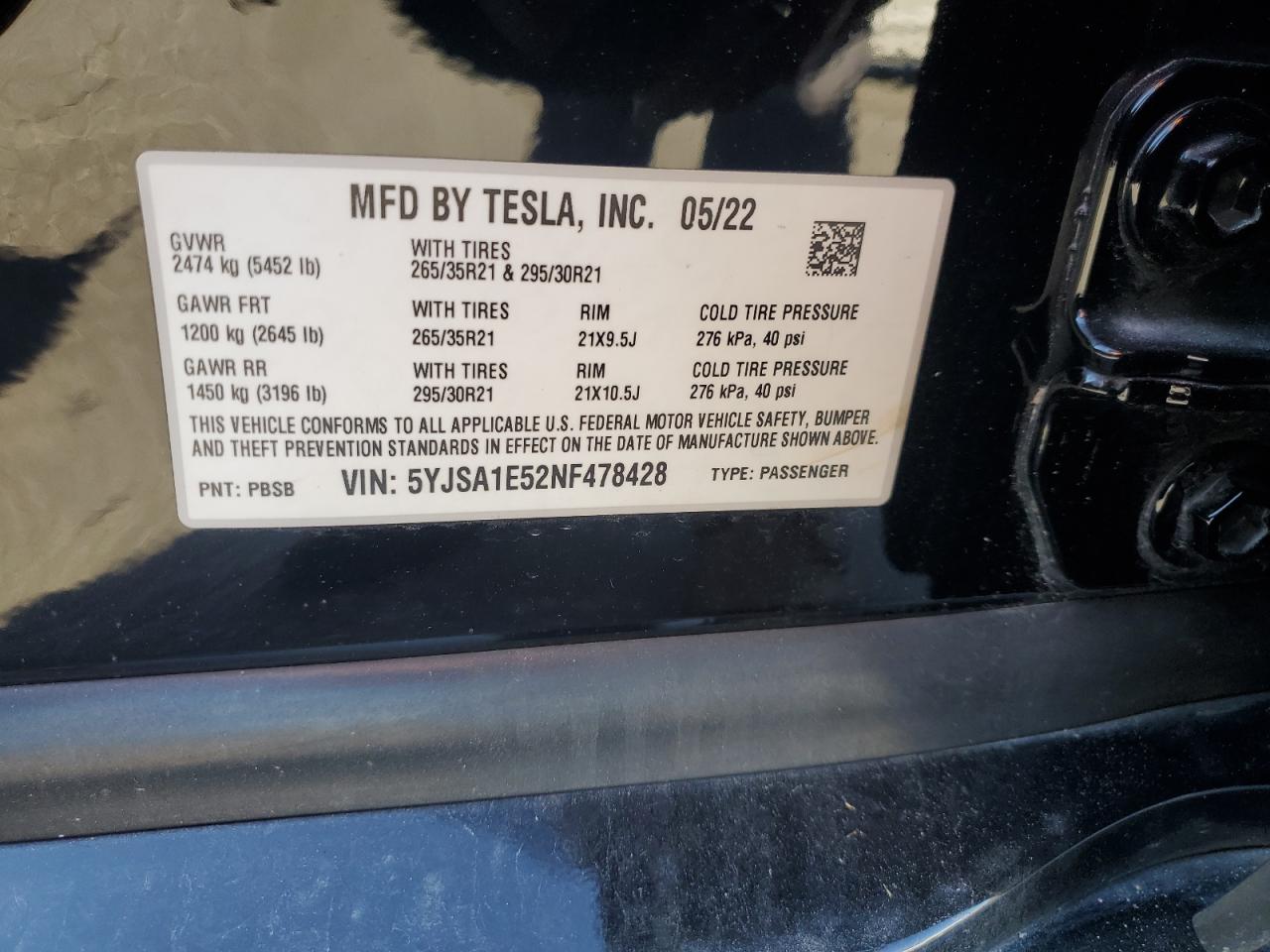 2022 Tesla Model S VIN: 5YJSA1E52NF478428 Lot: 92717025