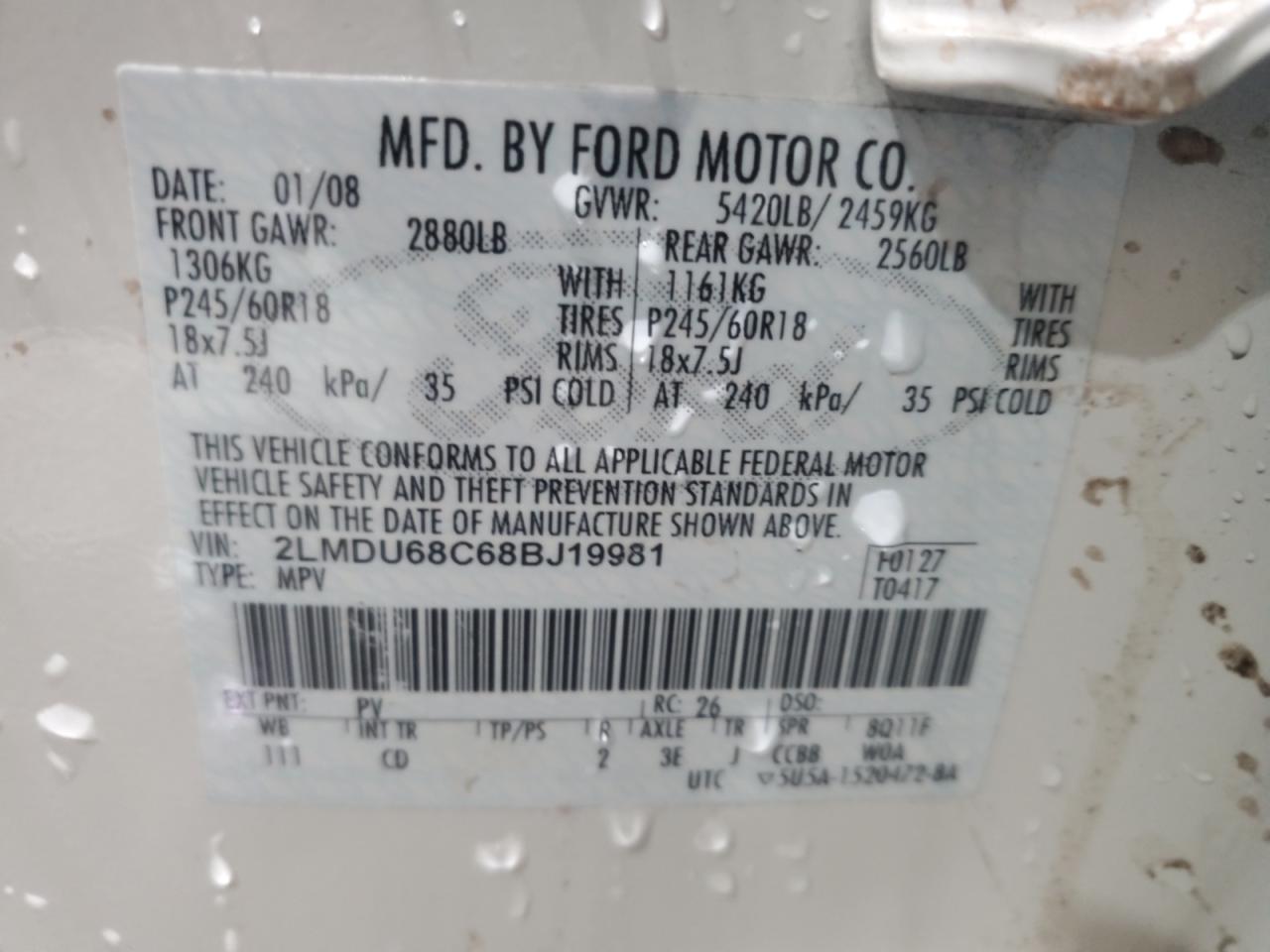 2008 Lincoln Mkx VIN: 2LMDU68C68BJ19981 Lot: 92170305